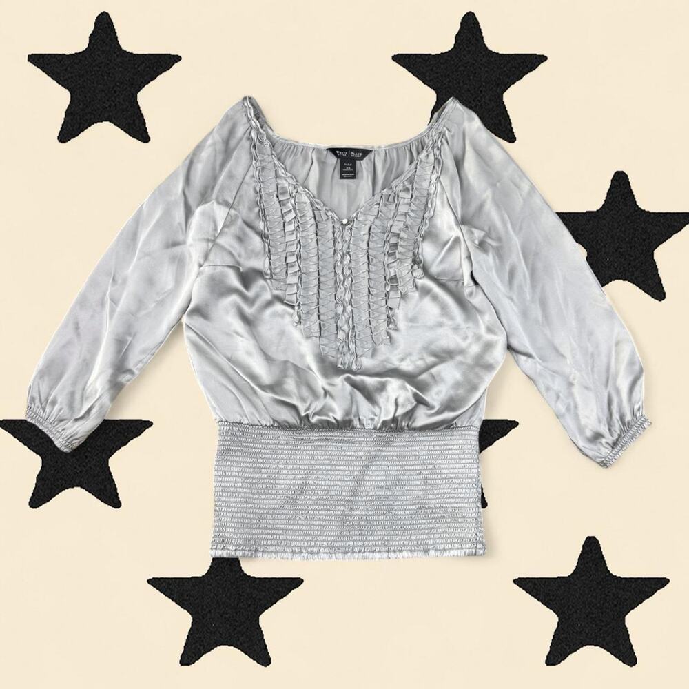 ★ White Black 100% Silk Ruffled Band Top ★